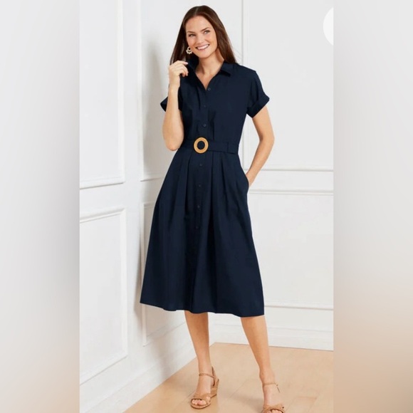 Talbots Sutton navy 100% cotton shirt dress , pockets, buttons, missing belt 2P - Picture 1 of 8